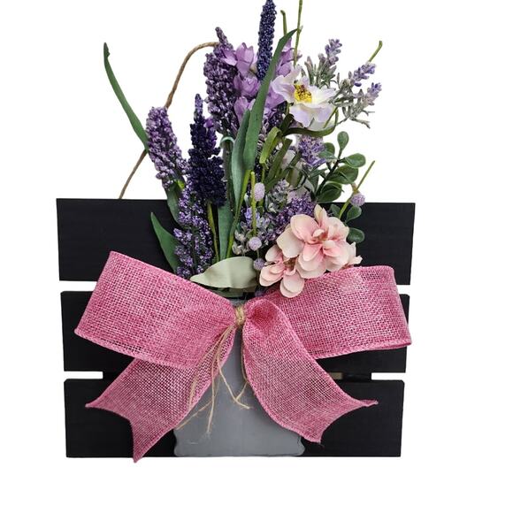 Spring Wooden Bouquet Lavender Wild Flowers Pink & Twine Bow Hanging Door Sign - Picture 1 of 6